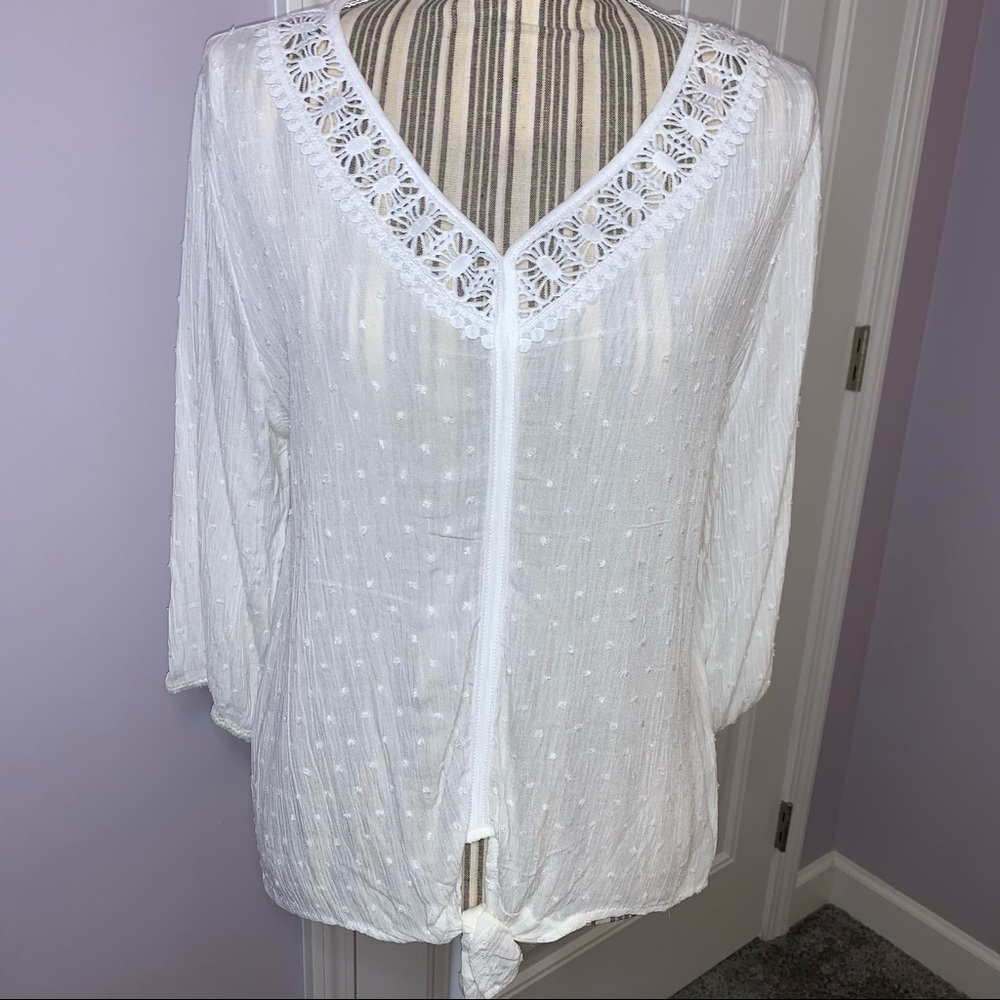 White Semi-Sheer Dotted Plumetis Front Tie Top